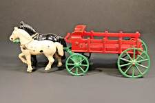 ORIGINAL KENTON 2-piece Cast Iron Horse Drawn Red Stake Wagon with Green wheels