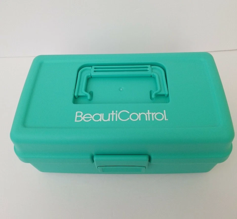 Vintage Beauticontrol Teal Green Makeup Case Tiered With Compartments 13" long - Image 2 of 4