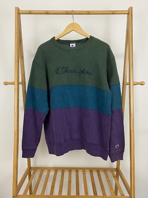 VTG Champion Script Spellout Color Block Crewneck Sweatshirt Reverse XL USA