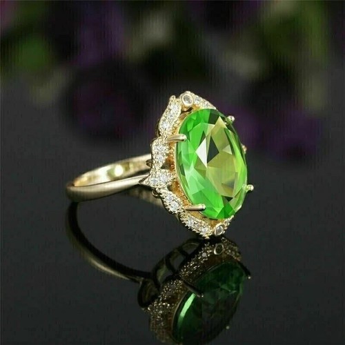 3Ct Oval Green Peridot Lab-Created Halo Engagement Ring 14K Yellow Gold Plated - Picture 4 of 4