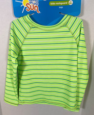 Bring on the Sun  Kids Rashguard Green Blue Striped Shirt Size Large UPF 50 