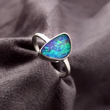 Natural Australian Opal Doublet Black Opal Ring 925 Sterling Silver Gift Women