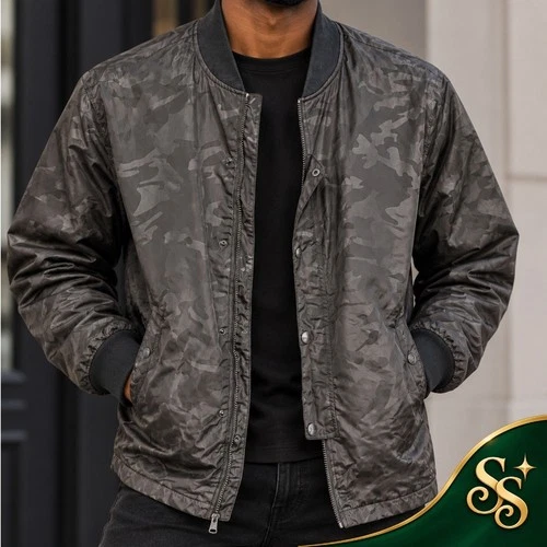 Mens Grey Camo Lightweight Bomber Jacket Mesh Lined Full Zip Snap Front Size M - product listing photo