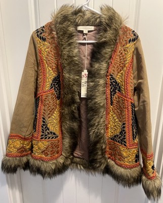 NWT Lovestitch Embroidered Faux Fur Lined Open Jacket Ultrasuede Small