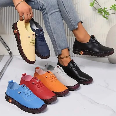 Women Soft Leather Loafers Mom Shoes Flat Bottom Outdoor Walking Running Sneaker