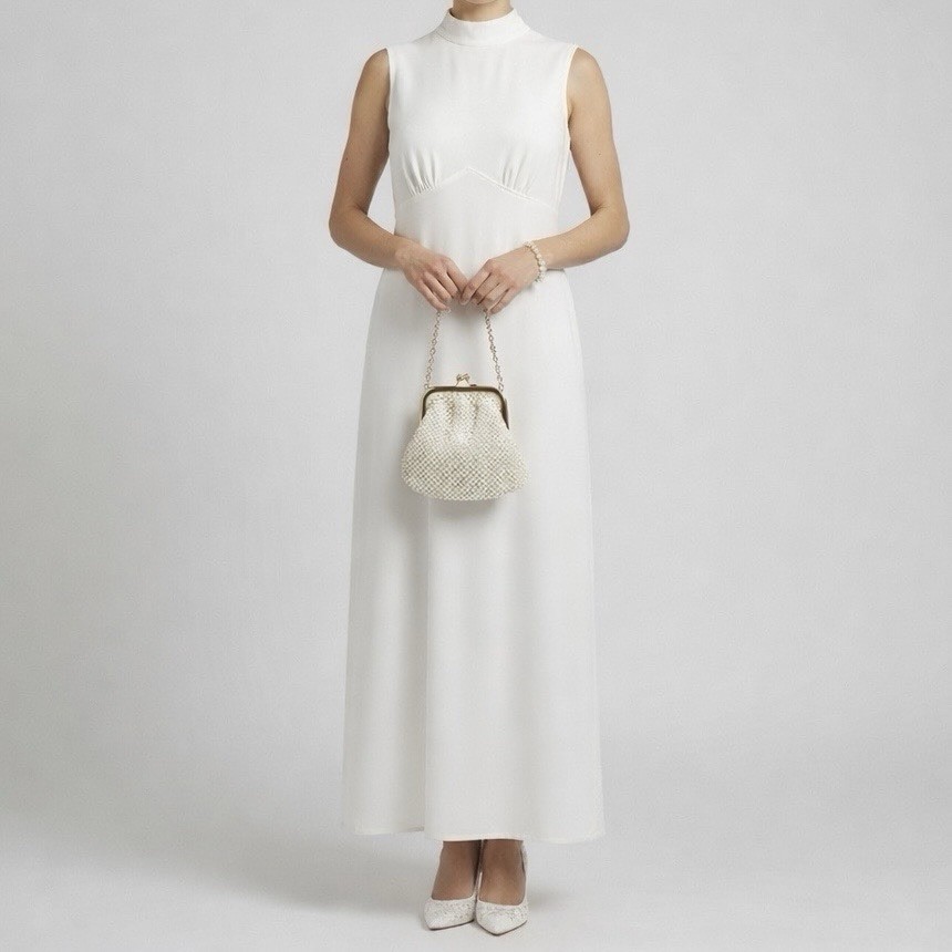 Vintage 60s 70s Off White Mock Neck Maxi Dress MCM Bridal Minimal Column S