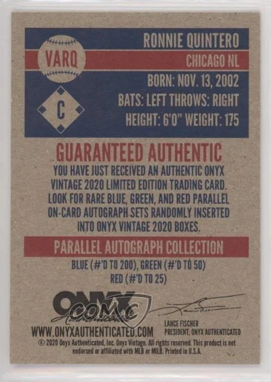 2020 Onyx Vintage Auto Blue Ink /200 Ronnier Quintero Ronnie Quintero #VARQ Auto - Image 2 of 2