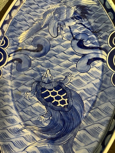 Antique Japanese Repaired Plate Warmer Boat Shape, Blue And White Ceramic Tray - Picture 14 of 24