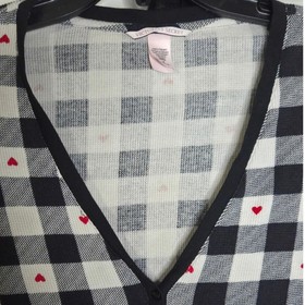 Victoria's Secret Pajama Set Black White Gingham Red Hearts Cozy Sleepwear, M