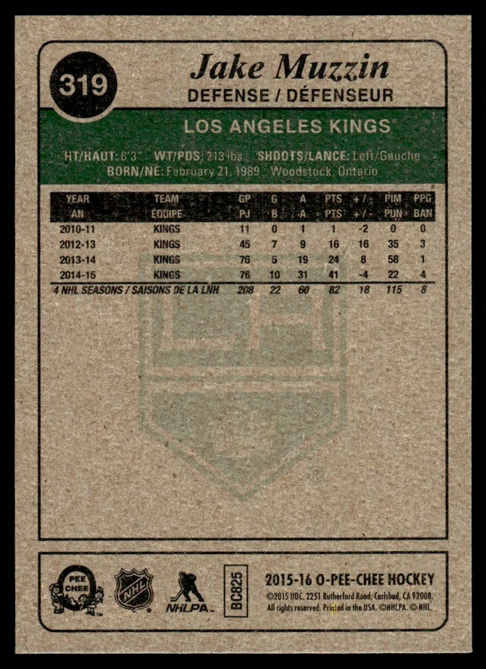 2015-16 O-Pee-Chee Retro Jake Muzzin Los Angeles Kings #319 - Image 2 of 2