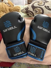 Sanabul Essential Gel Boxing Gloves 12 oz Black White and Blue Kickboxing Gloves