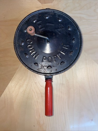 VTG E-Z Tin Metal Corn Popper Hand Crank Red Handle Popcorn Stovetop Campfire - Picture 7 of 9