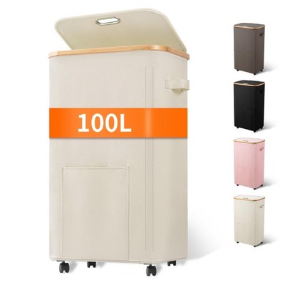 Laundry Basket with Wheels, Tall Dirty Clothes Hamper on Wheels, Rolling Laun...