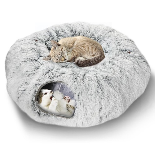 Plush Cat Tunnel Bed for Indoor Cats, Collapsible Cat Donut Tunnel with Centr...