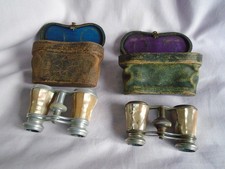 TWO ANTIQUE FRENCH MOTHER OF PEARL & CHROME OPERA GLASSES WITH LEATHER CASES