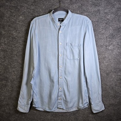 Strellson Shirt Mens S Light Blue Chambray Long Sleeve Button Up Band Collar