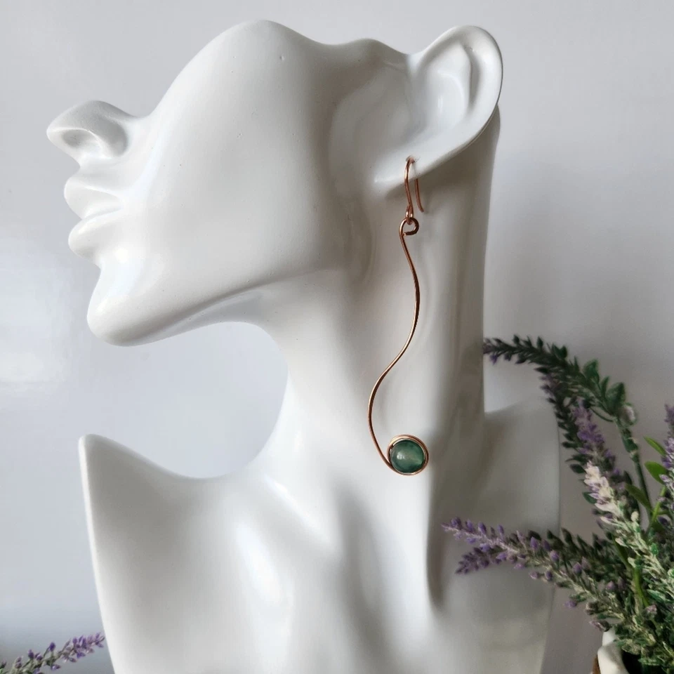 Handmade Copper Wire Wrapped Natural Green Jade Earrings - Elegant, Minimalist - Image 3 of 4