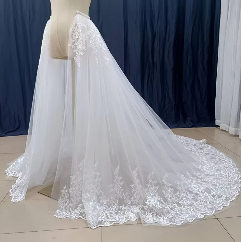 White Lace Removable Train Detachable Lace Skirt White Skirt 5 Layer Tulle Train - Image 2 of 4
