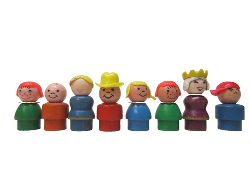 Eight Vintage Fisher Price Little People~with Wooden Bases as pictured