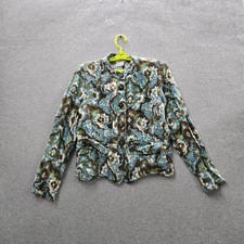 Charter Club Women Blazer M Blue Linen Geometric Button Front