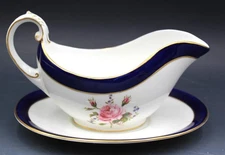 English Coalport Porcelain Fairfax Cobalt Blue & Gilt Gravy Boat & Under Plate