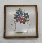 Vtg. Italian Wood Framed Ceramic Tile Trivet Hand Painted Floral Decoration 70s