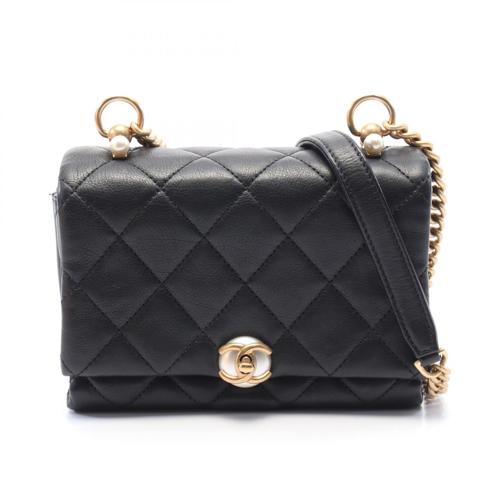 CHANEL Black Lambskin Matelasse Chain Shoulder Crossbody Bag with Gold Hardware Pre-Owned