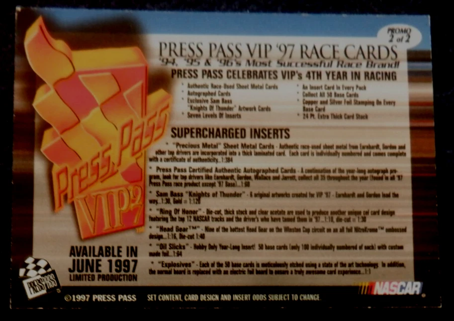 Dale Jarrett explosive race card #2 of 2 promo Press Pass VIP, 1997 - Image 2 of 2
