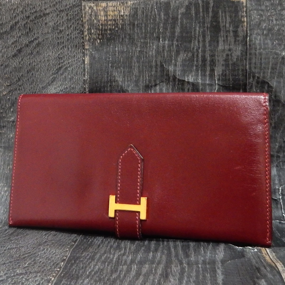 Vintage Hermes Bearn Classic Red Box Calf Bifold Wallet Long Purse 18 Rise on