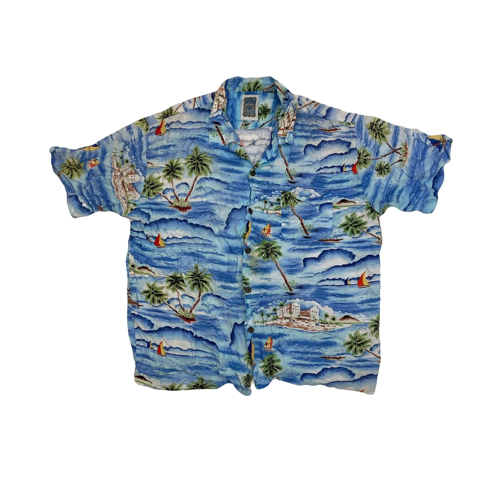 Vintage 90s mens light blue tropical island print Hawaiian shirt size large
