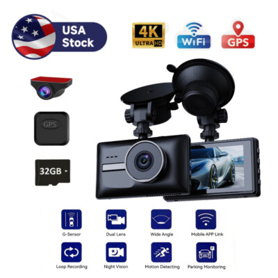 4K HD 1080P DVR Car Dual Lens Dash Cam WiFi GPS Front/Rear Video Recorder Camera