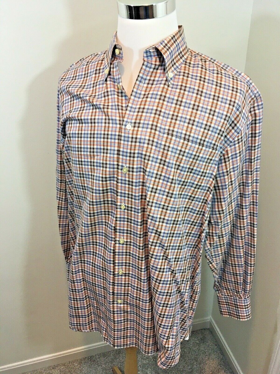 Peter Millar Autumn Fall Color White Plaid Button Up Knit Dress Shirt Men's  L