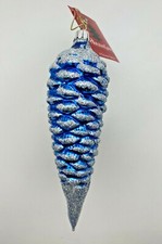 7" Glass Pinecone Ornament Dark Blue w/Silver Glitter Holiday Lane Germany
