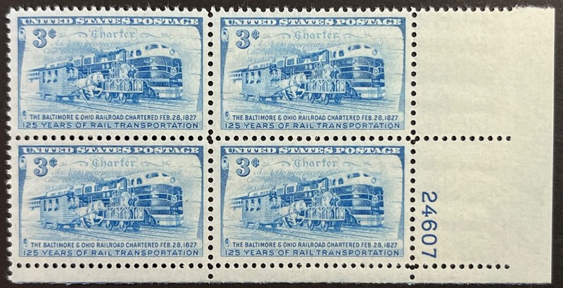U.S. Scott #1006, P.B. of 4, 125th Anniv. of the Balt. & Ohio R. R., F-VF, MNH