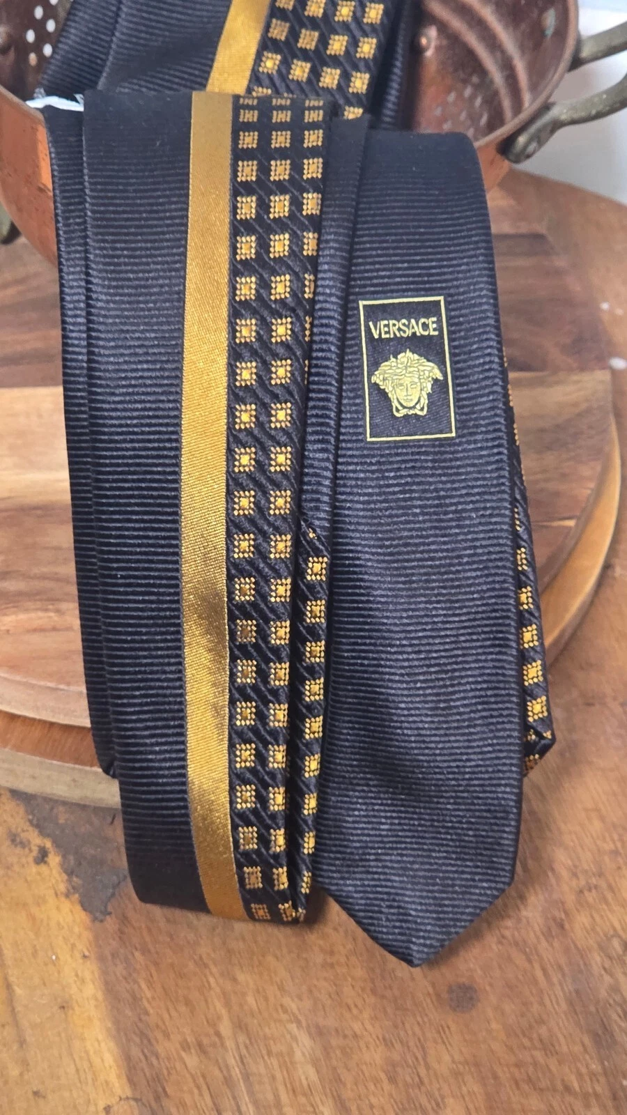Gianni Versace Vintage Silk Tie Black Gold Medusa Head Geometric Checkerboard image 9