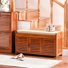 Shoe Bench with Storage Cabinets, Entryway Bench w/ Cushion Hidden Compartment