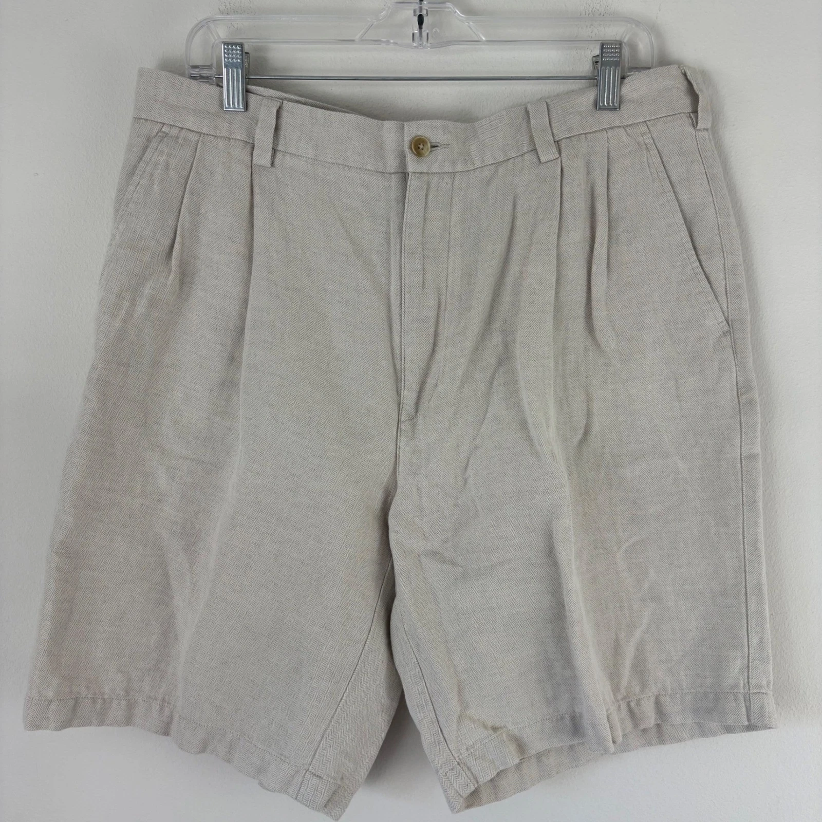 Caribbean Men Beige Herringbone Linen Cotton Pleated Shorts Size 36