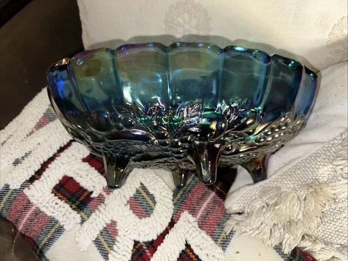 Carnival Glass Indiana Harvest Grape Iridescent Blue Oval Footed Fruit Bowl 12"