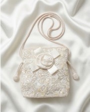 Ivory satin beaded and sequined ribbon flower evening bag.