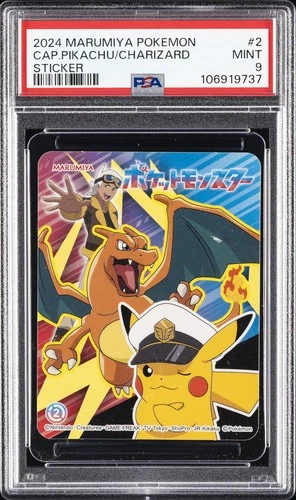 2024 MARUMIYA POKEMON STICKERS #2 CAPTAIN PIKACHU/CHARIZARD PSA 9