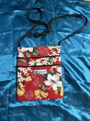 Local Design Red Floral crossbody purse, 3 pockets, made in Hawaii VGC