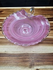 Vintage Murano Pink Swirl Ruffled Bowl With Clear Handle Italian Lovely Shape
