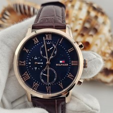 NEW TOMMY HILFIGER 1791399 KANE BLUE DIAL LEATHER BROWN STRAP MEN WATCH UK