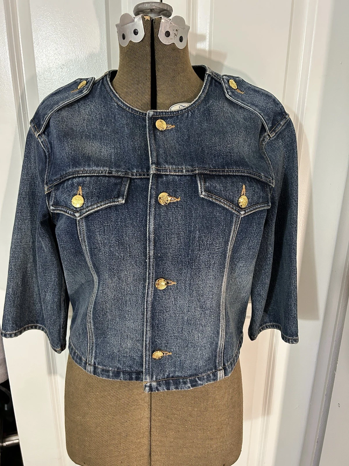 Giacca donna CELINE blu denim manica ritagliata. Splendido taglio. Taglia 36 Small