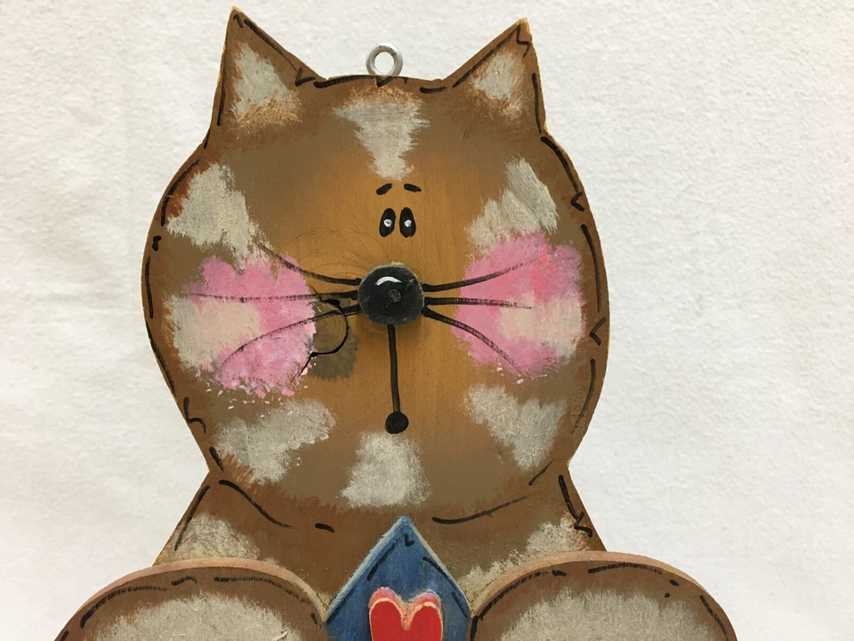 VTG Wood And Metal Hanging "Cat & Blue Bird" Feeder Hand Made Signed 14.5" Tall - Image 4 of 4