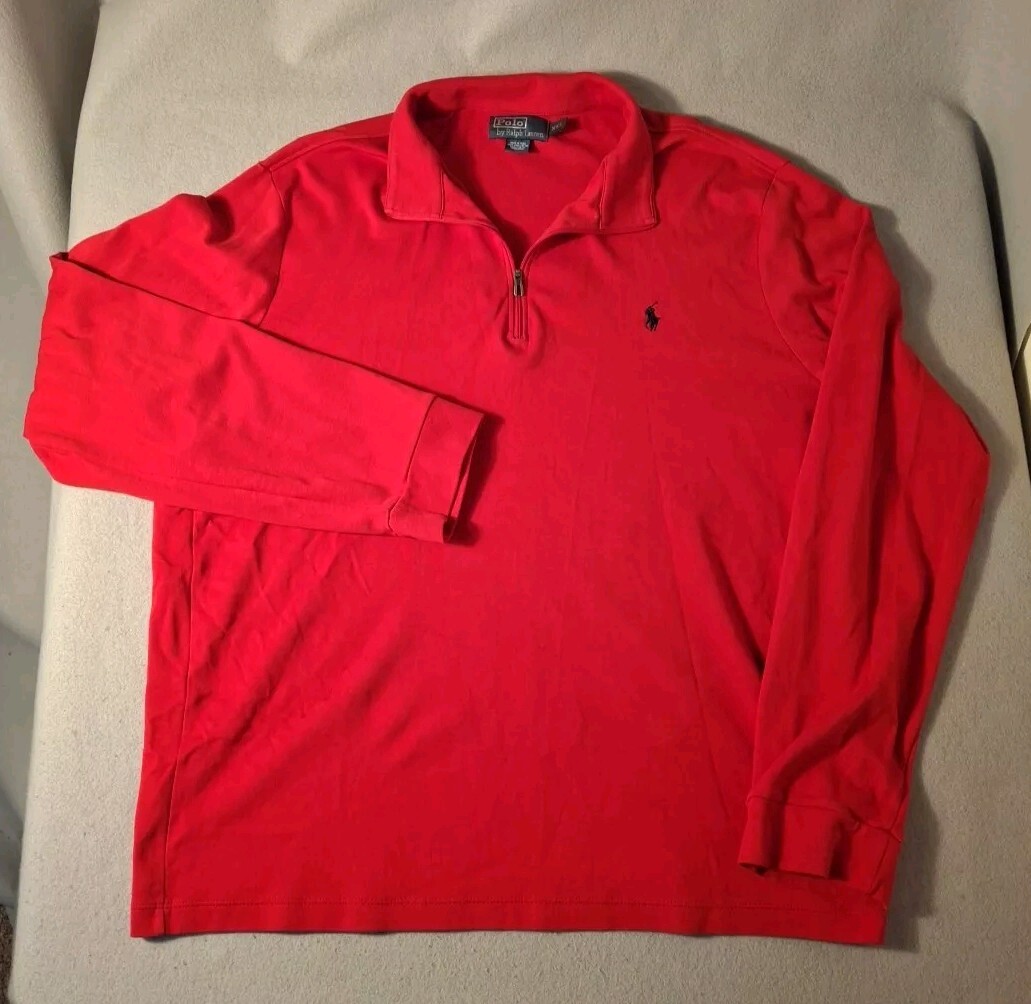 PONY Polo Ralph Lauren 1 4 Zip Felpa Uomo XXL Rosso Vintage Pima Cotone Morbido