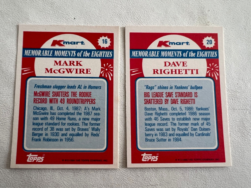 (2) 1988 TOPPS KMART MEMORABLE MOMENTS-MARK MCGWIRE #16-DAVE RIGHETTI ...