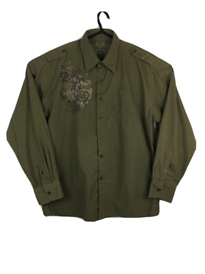 Elixir Button Shirt Men s Large Green L/S Epaulettes Graphic Print