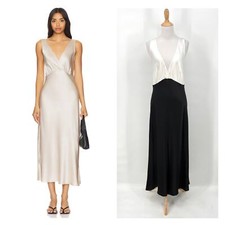 ENZA COSTA Silk Satin Nuit Dress Womens Medium Off White Black Plunging V-neck