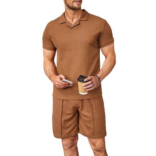 Mens Short Sleeve Polo Shirts Shorts Mens Waffle Fashion Casual Tracksuit Sets - Picture 5 of 32